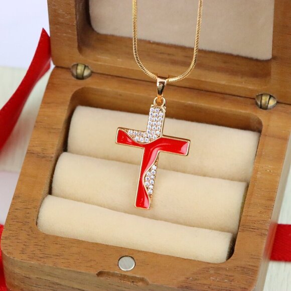 "Rose Gold Cross Pendant with Red Enamel and CZ Stone Detailing, XPPT1399 - Picture 8 of 13